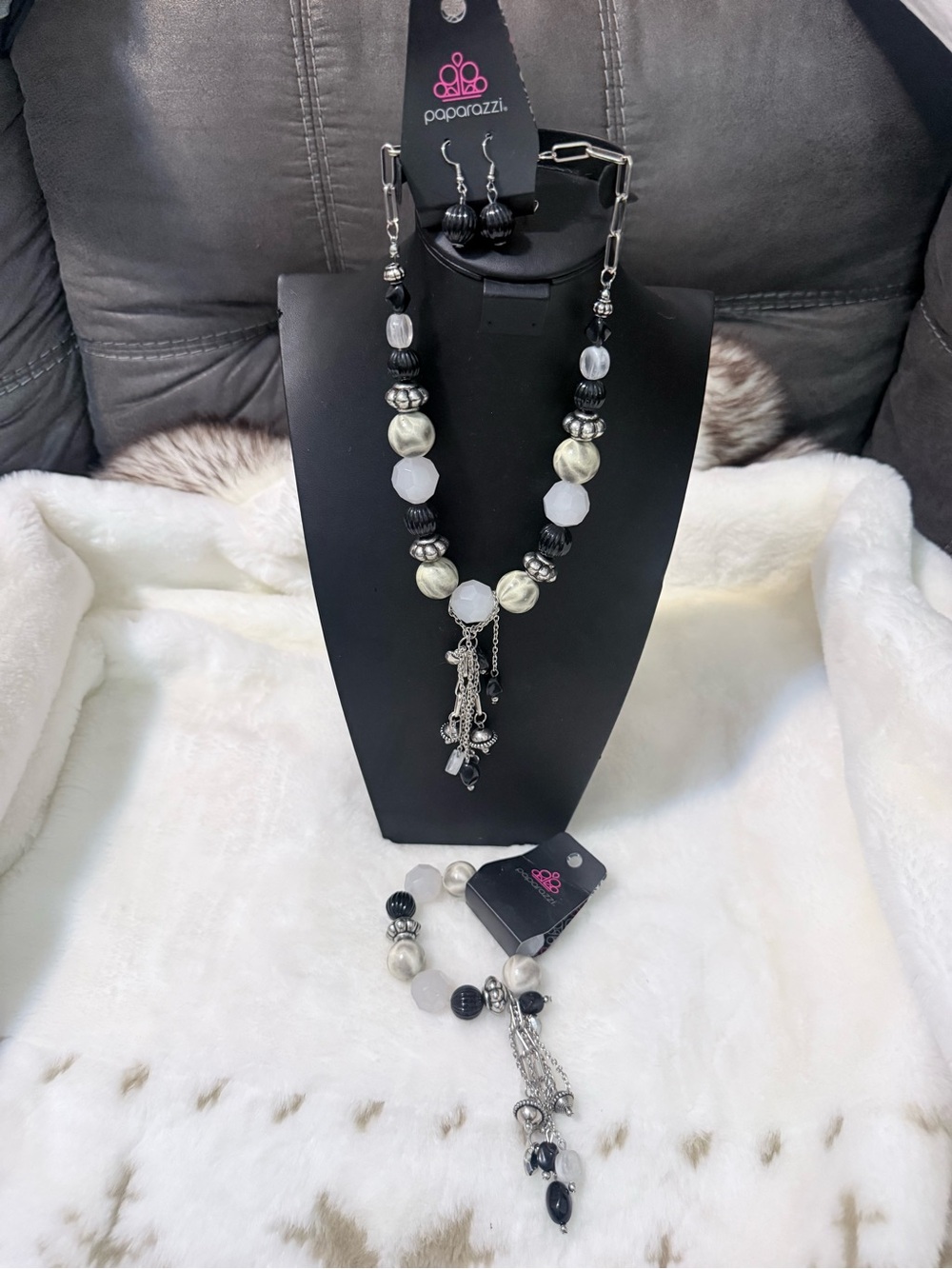 paparazzi Black, White & Silver Statement Beaded Necklace Set with Dangle Charms